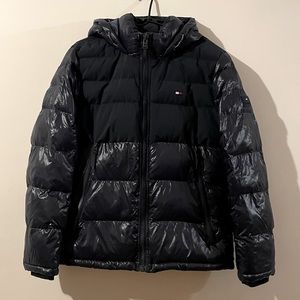 tommy hilfiger two tone navy midnight blue glossy matte suede men's down jacket